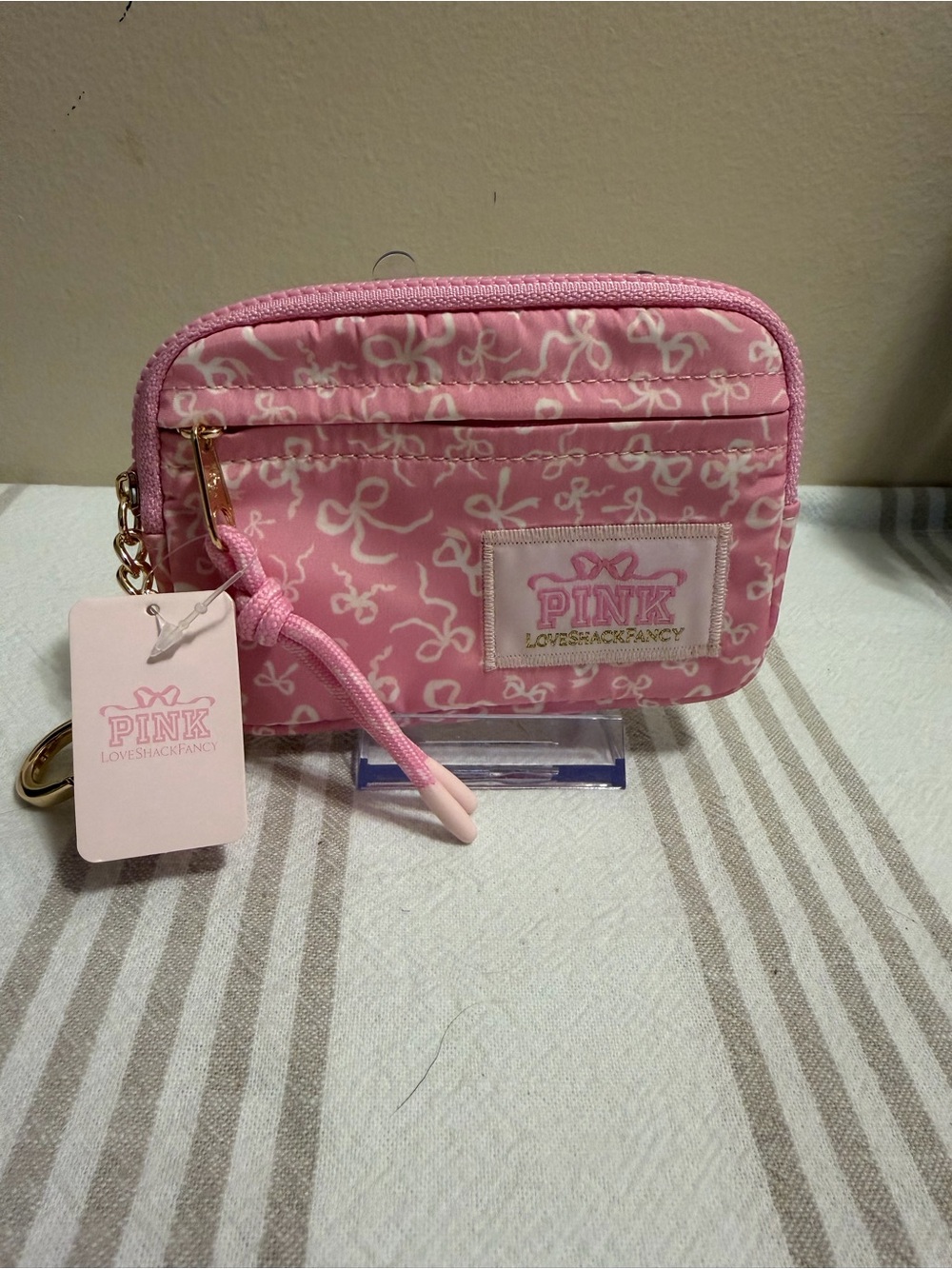 PINK x LoveShackFancy Bow Print Zip ID Card Holder Keychain NWT